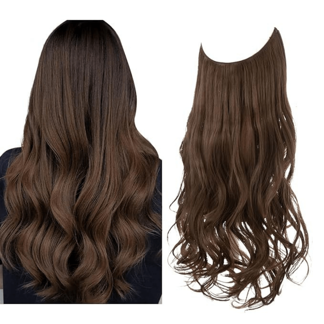 medium brown straight and wavy halo hair extensions